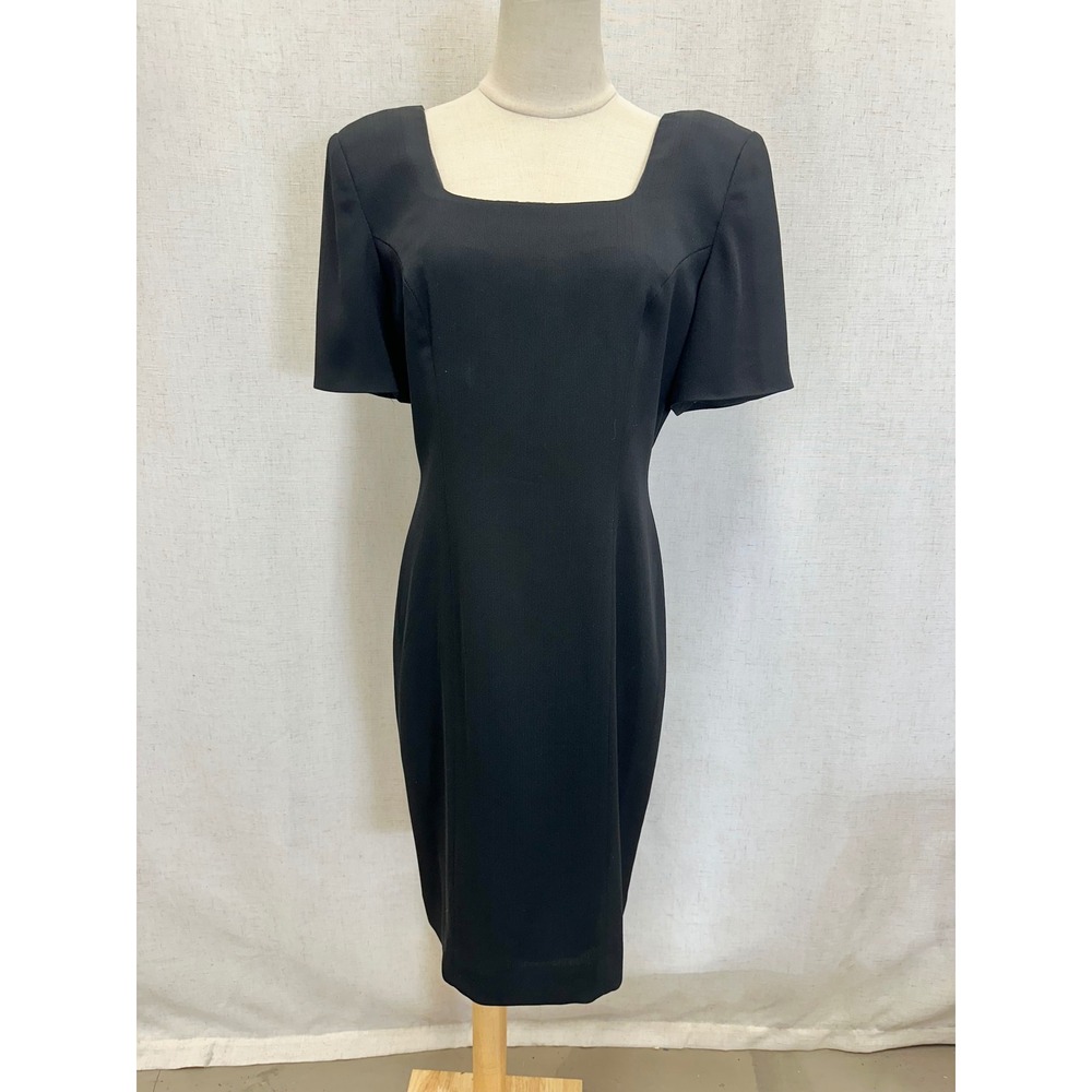 Liz Claiborne 90s Black Sheath‎ Dress Size 10 Square Neck Open Back Minimalist